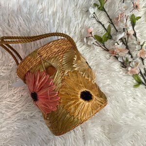 Vintage 60s Straw Floral Basket Bag